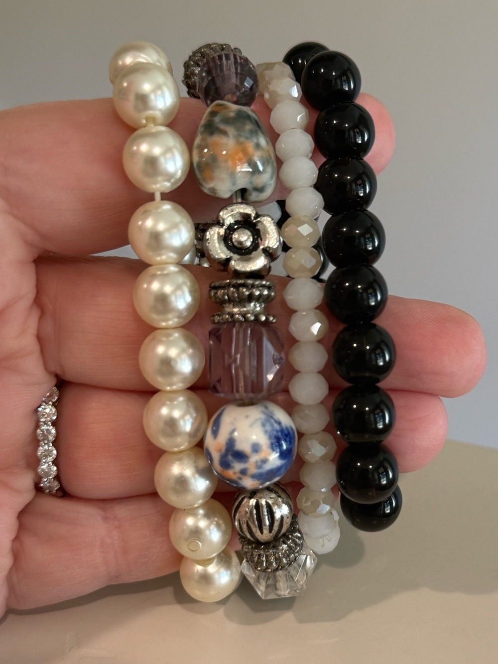 Mixed Bead Stack Bracelet Set(4) - Black, White, Pearl, Blue